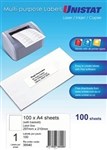 Unistat 38940 Multipurpose Label 1Up Backslit 297X210Mm Pack 100
